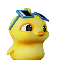 a yellow cartoon chicken wearing blue square sunglasses on its head
