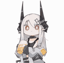a cartoon girl with horns is holding a glass of beer in her hand .