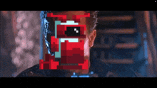 a close up of a man 's face with a pixelated face of a robot