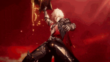 a video game character is holding a sword in a red background