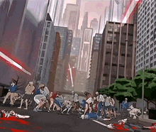 a cartoon of a crowd of people fighting in a city street