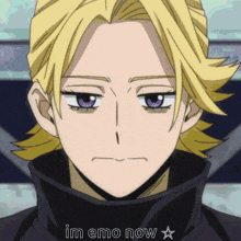 a close up of a person 's face with the words im emo now written below it