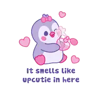 a penguin surrounded by pink hearts with the words it smells like upcutie in here