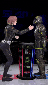 a woman is standing next to a man in a robot costume with a 10x health sign behind her
