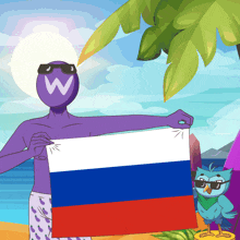 a man with a w on his head is holding a flag
