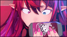 a girl with red hair is drinking a bottle of hops soda