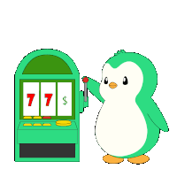 a cartoon penguin is standing next to a slot machine