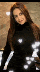 a woman in a black turtleneck sweater is surrounded by white hearts .