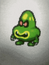 a pixel art of a green monster with yellow teeth and red eyes