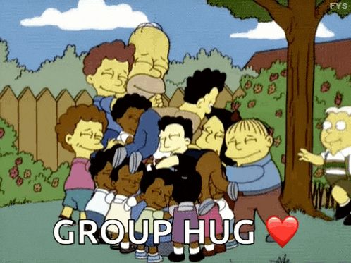 a group of people hugging each other with the words 