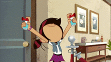 a cartoon of a girl holding two spray bottles in her hands
