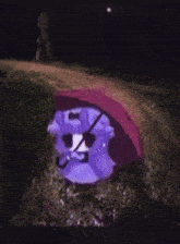 a purple cartoon character holding an umbrella in the dark