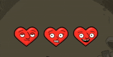 a cartoon of three hearts with different facial expressions and the words ' i love you ' in yellow letters