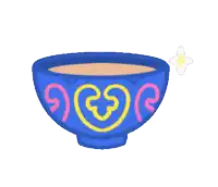 a blue bowl with pink and yellow swirls and a yellow star in the background