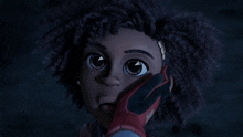 a cartoon character with curly hair is holding her hand to her face