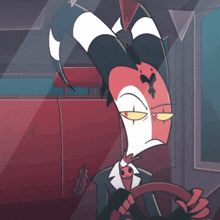 a cartoon character in a suit and tie is driving a red car