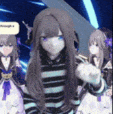 a group of anime girls are standing next to each other and one of them is pointing at the camera .