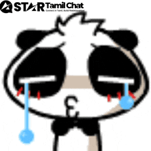 a cartoon of a panda crying with a star tamil chat logo behind it