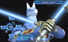a video game screen shows a character with starlight velocity written on the top