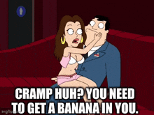 a cartoon of a man holding a woman with the words cramp huh ? you need to get a banana in you