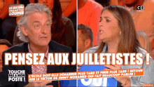 a man and a woman are on a television screen with the words pensez aux juilletistes on it