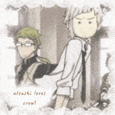 a picture of two anime characters with the words " atsushi loves crow " on the bottom