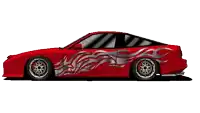a red car with flames on the side of it