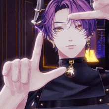 a person with purple hair making a peace sign with their fingers