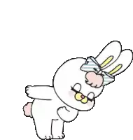 a white rabbit with a bow on its head is standing on one leg .