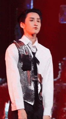 a young man is standing on a stage wearing a white shirt and a silver vest and tie .