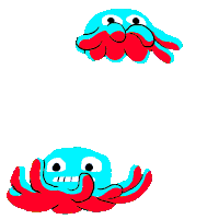 a cartoon drawing of two purple and green octopus