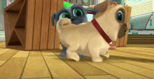 two pug dogs are walking on a wooden floor .