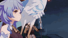 a girl with blue hair is standing next to a man holding a white flag with the letter c on it