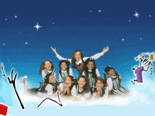 a group of children are laying on a cloud with a drawing of a skeleton behind them