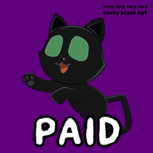a black cat with green eyes says paid