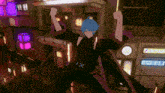 a person with blue hair is standing in front of a building with a sign that says ' aoyama ' on it