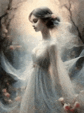 a painting of a woman in a white dress standing in a forest .