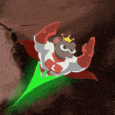 a cartoon rat with a crown and the letter l on his shirt is flying through the air