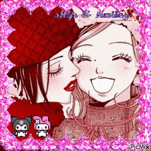 a picture of a girl kissing another girl on the cheek with a pink background and the words ship & marie on it