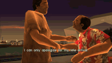 a video game screen shows two men shaking hands and the words " i can only apologize for my late arrival "