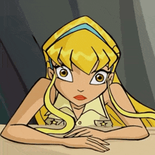 a cartoon girl with yellow hair and a blue headband