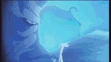 a close up of a person 's face with a blue light coming out of it