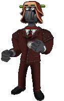 a cartoon character wearing a suit and tie with a badge on his chest