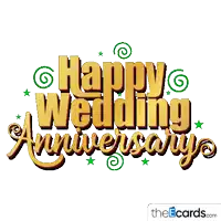 a sign that says happy wedding anniversary with green stars and swirls