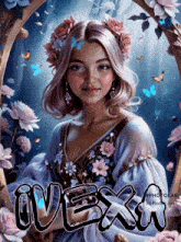 a painting of a girl with flowers in her hair and the name avexa
