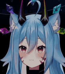 a blue haired anime character with horns and a cat ear