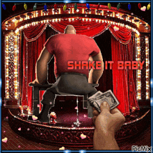 a picture of a man on a stage with the words shake it baby above him