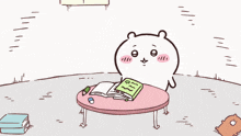 a cartoon of a bear sitting at a table with a book
