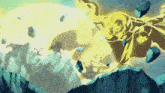 a cartoon of a man standing on top of a mountain with rocks flying around him