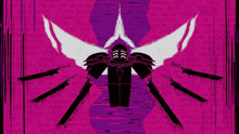 a purple background with a drawing of a robot with wings and a chain around his neck